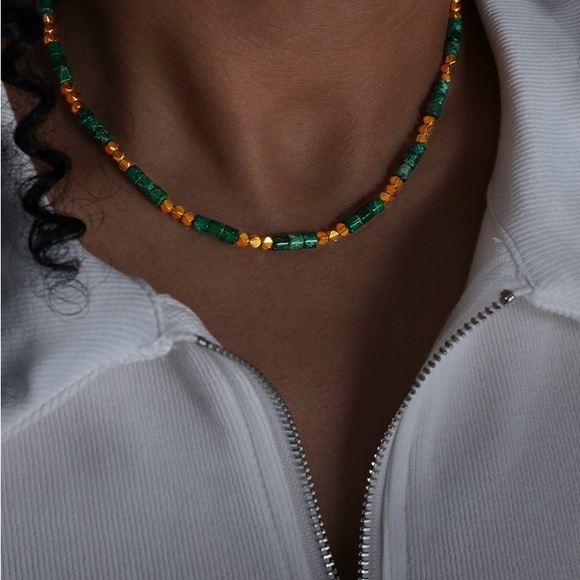 18K Gold Plated Beaded Necklace*Handmade Gemstone*Metallic Design*Green Jasper - Picture 4 of 6